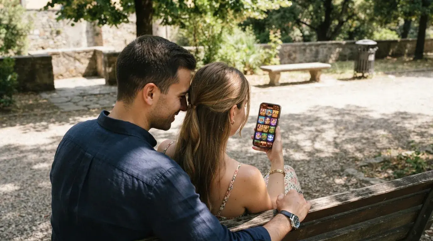 Una giovane coppia controlla insieme lo smartphone sorridendo, sedute su una panchina in un parco cittadino soleggiato.