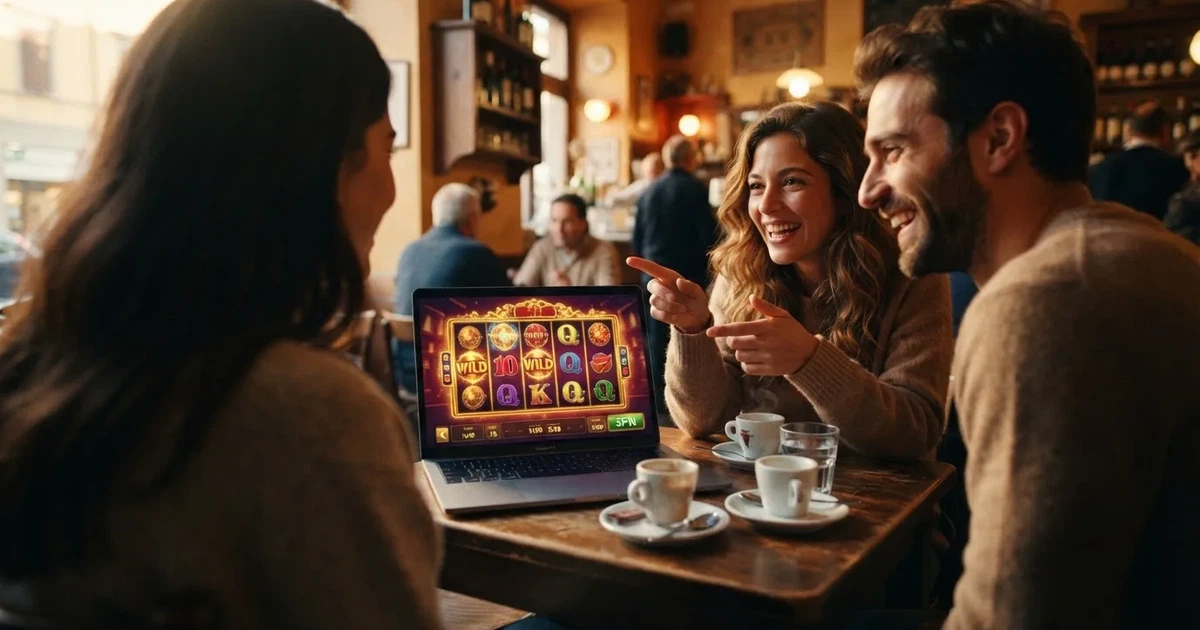 Un gruppo di tre persone confronta opinioni sorridendo attorno a un tavolo da caffè, con laptop e tazze fumanti davanti a loro.