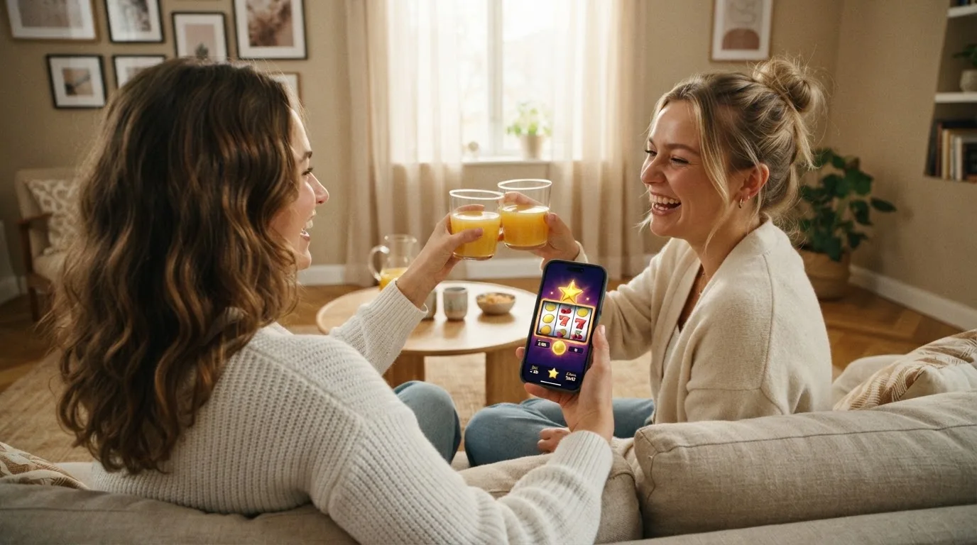 Due amici brindano con bicchieri di succo su un tavolino da salotto, sorridendo mentre uno tiene in mano uno smartphone.