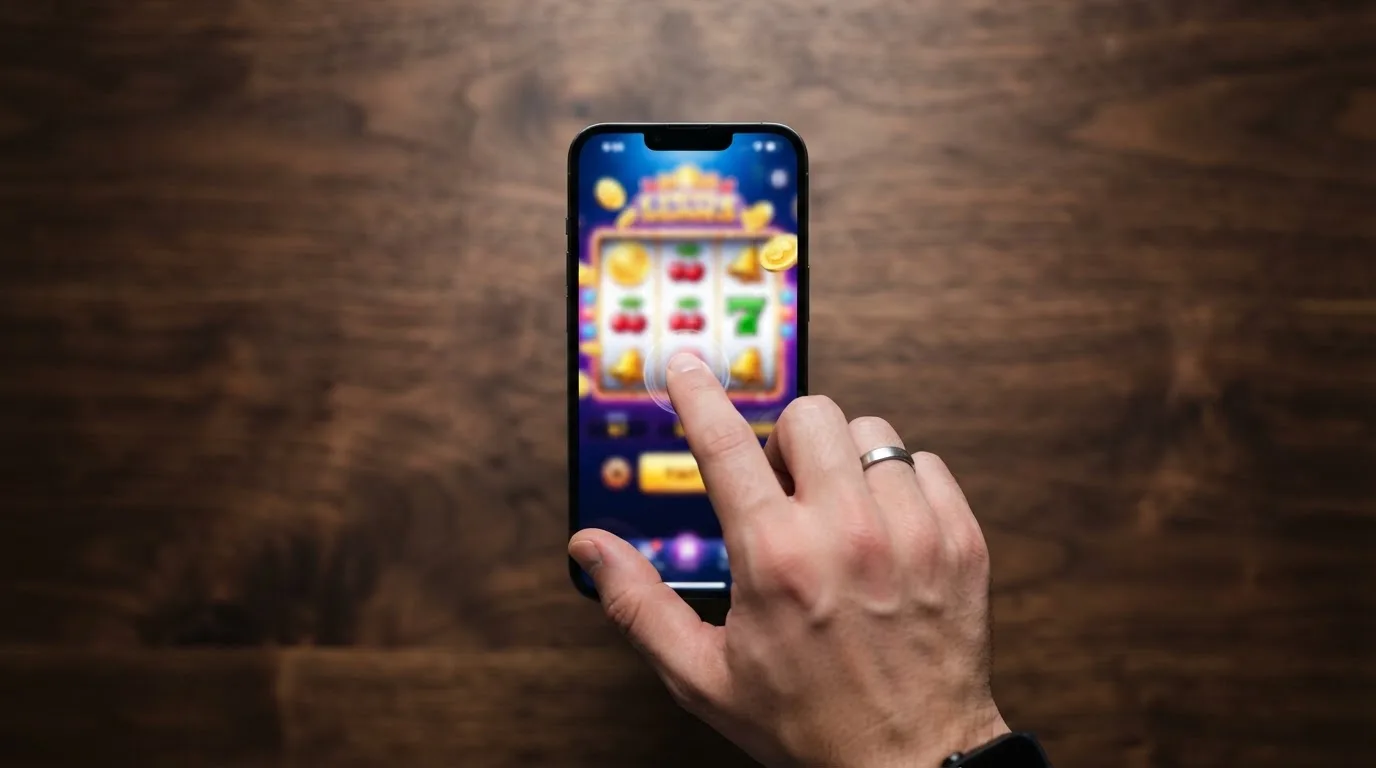 Una mano tocca con un dito lo schermo di uno smartphone tenuto in verticale, con simboli colorati sfocati sullo sfondo del display.
